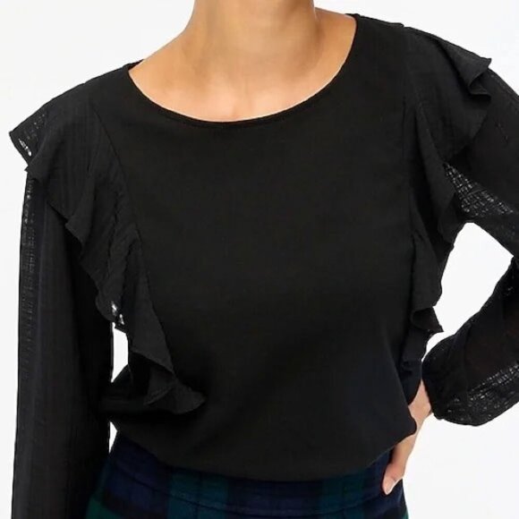 NEW J. Crew Ruffle-Shoulder Top Plaid Jacquard Sleeves Pullover Stretch Cotton L - Picture 3 of 13